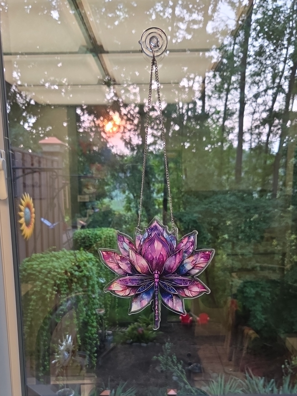 Purple Lotus Dragonfly Stained Glass Style Window Hanging